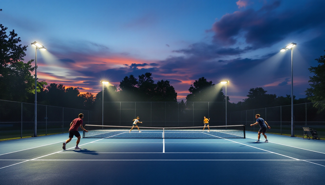 A photograph of a well-lit tennis court at dusk