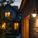 A photograph of a skilled lighting contractor installing an outdoor security light in a residential setting during twilight