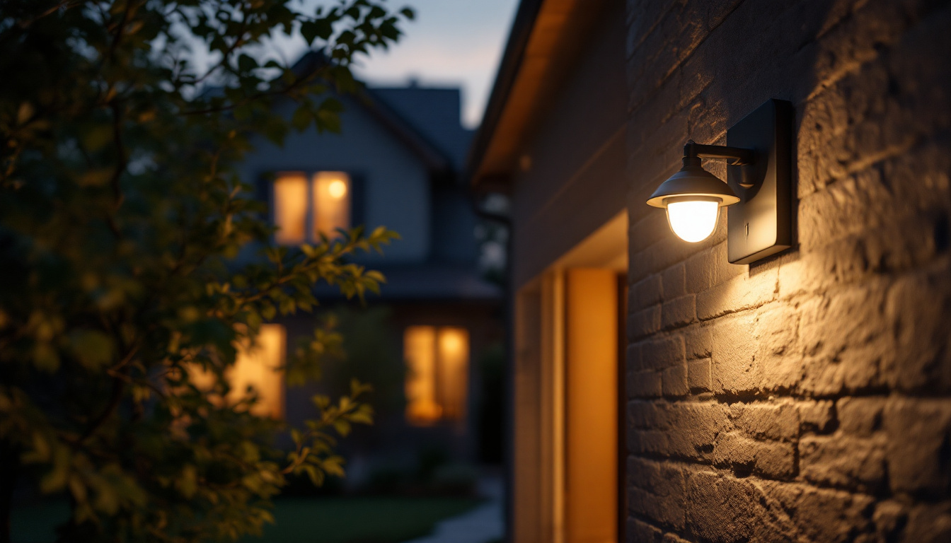 A photograph of a skilled lighting contractor installing an outdoor security light in a residential setting during twilight