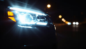 A photograph of a modern sylvania automotive headlight illuminating a dark road at night