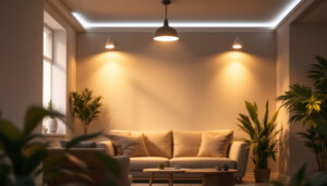 A photograph of a well-lit room featuring stylish pot lights