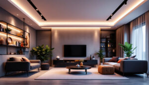 A photograph of a beautifully designed room featuring modern recessed lighting