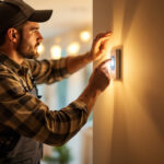 A photograph of a lighting contractor installing a light switch motion sensor in a residential setting