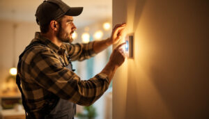A photograph of a lighting contractor installing a light switch motion sensor in a residential setting