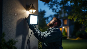 A photograph of a lighting contractor installing an outdoor led flood light in a residential or commercial setting