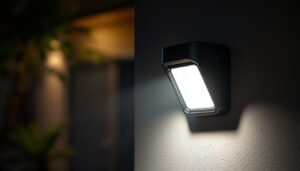 A photograph of a motion detector security light in action