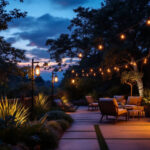 A photograph of a beautifully designed outdoor patio illuminated by stylish lighting fixtures