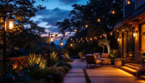 A photograph of a beautifully designed outdoor patio illuminated by stylish lighting fixtures