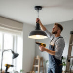 A photograph of a lighting contractor skillfully installing a stylish hanging ceiling light in a modern interior space