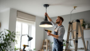 A photograph of a lighting contractor skillfully installing a stylish hanging ceiling light in a modern interior space