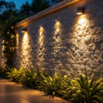 A photograph of a beautifully illuminated outdoor wall featuring strategically placed up lighting