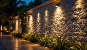 A photograph of a beautifully illuminated outdoor wall featuring strategically placed up lighting