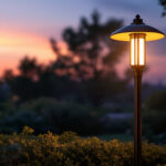 A photograph of a stylish outdoor post lamp illuminated at twilight
