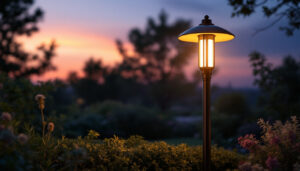 A photograph of a stylish outdoor post lamp illuminated at twilight