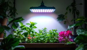 A photograph of a well-lit indoor gardening setup featuring various types of discount grow lights in action