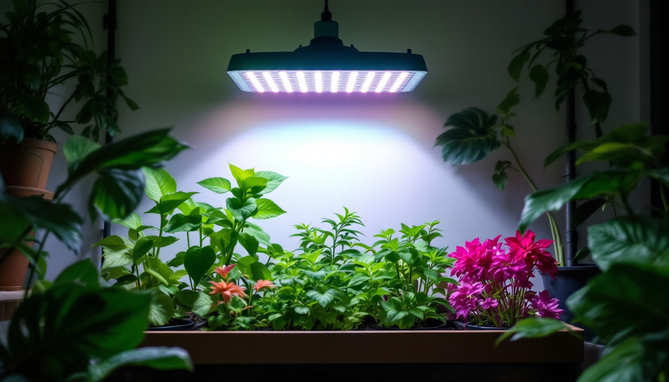 A photograph of a well-lit indoor gardening setup featuring various types of discount grow lights in action