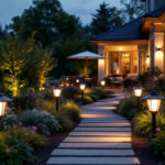A photograph of a beautifully lit outdoor space featuring a variety of stylish outdoor lights illuminating pathways