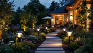 A photograph of a beautifully lit outdoor space featuring a variety of stylish outdoor lights illuminating pathways