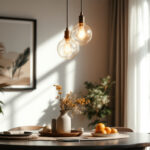 A photograph of a beautifully styled dining room featuring an elegant pendant light as the focal point