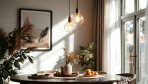 A photograph of a beautifully styled dining room featuring an elegant pendant light as the focal point