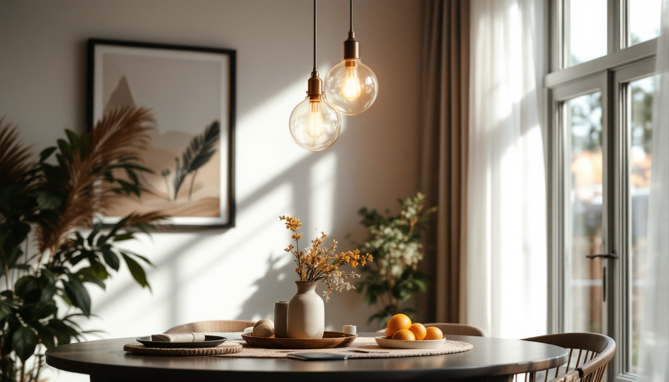 A photograph of a beautifully styled dining room featuring an elegant pendant light as the focal point