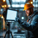 A photograph of a lighting contractor using a 100 ft led light in a commercial or outdoor setting