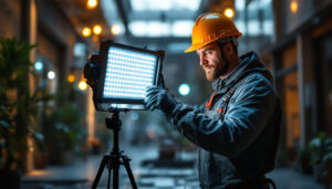 A photograph of a lighting contractor using a 100 ft led light in a commercial or outdoor setting