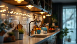A photograph of a well-lit kitchen or workspace featuring stylish under counter light bulbs in action
