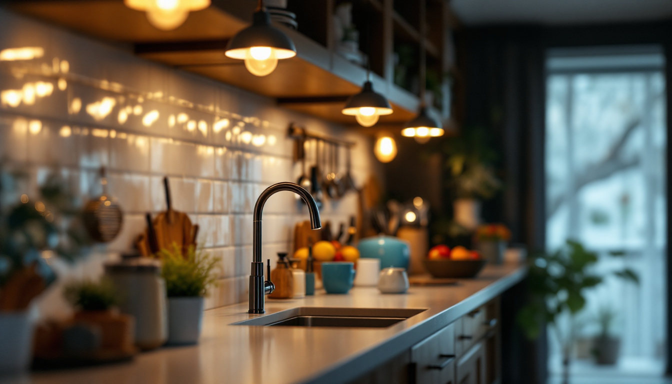 A photograph of a well-lit kitchen or workspace featuring stylish under counter light bulbs in action