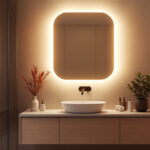 A photograph of a stylish contemporary bathroom featuring modern vanity lighting