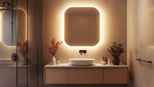 A photograph of a stylish contemporary bathroom featuring modern vanity lighting