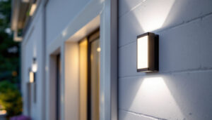 A photograph of a well-lit outdoor setting featuring the sunco lighting outdoor led wall pack installed on a building
