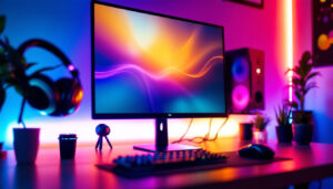A photograph of a well-lit computer setup showcasing vibrant led lights illuminating the workspace