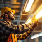 A photograph of a lighting contractor efficiently installing t5 led fixtures in a commercial space