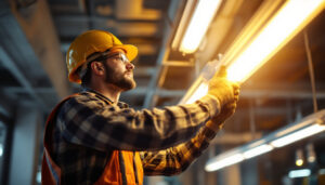 A photograph of a lighting contractor efficiently installing t5 led fixtures in a commercial space