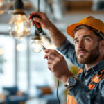 A photograph of a skilled lighting contractor efficiently installing light wire connectors while working on multiple light fixtures in a well-lit