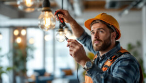 A photograph of a skilled lighting contractor efficiently installing light wire connectors while working on multiple light fixtures in a well-lit