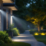 A photograph of a well-lit outdoor area featuring motion detector flood lights in action