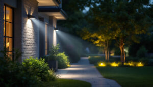 A photograph of a well-lit outdoor area featuring motion detector flood lights in action