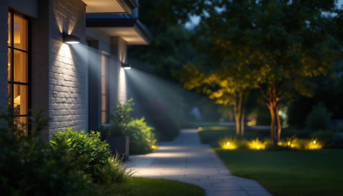 A photograph of a well-lit outdoor area featuring motion detector flood lights in action