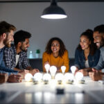 A photograph of a diverse team of professionals engaged in a collaborative training session
