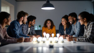 A photograph of a diverse team of professionals engaged in a collaborative training session