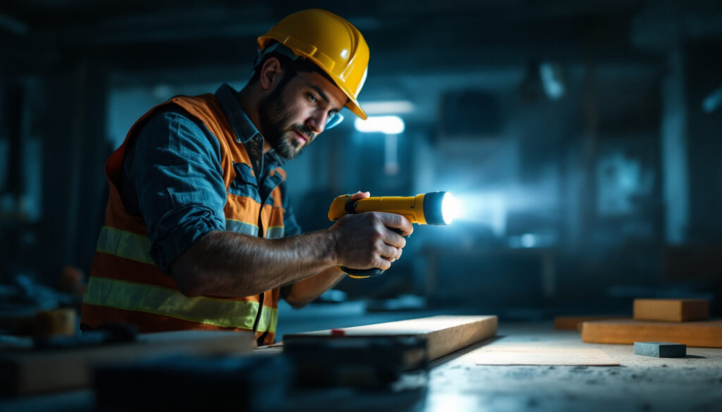 A photograph of a lighting contractor using a fluorescent flashlight on a job site