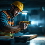 A photograph of a lighting contractor using a fluorescent flashlight on a job site