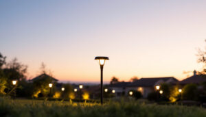 A photograph of a beautifully landscaped yard illuminated by various styles of solar lights at dusk