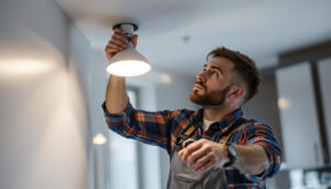 A photograph of a lighting contractor efficiently installing led pot lights in a modern home setting