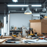 A photograph of a well-lit workspace featuring various high-quality 8' led tubes displayed alongside tools and materials used by lighting contractors