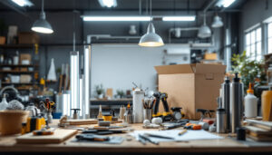 A photograph of a well-lit workspace featuring various high-quality 8' led tubes displayed alongside tools and materials used by lighting contractors