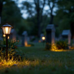 A photograph of a serene graveyard scene at dusk