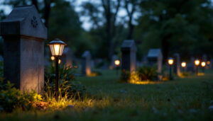 A photograph of a serene graveyard scene at dusk
